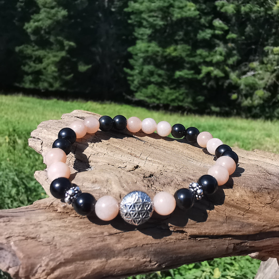 Edelstein Armband LEBENSFREUDE Regenbogenobsidian Sonnenstein Lebensblume S925 6mm