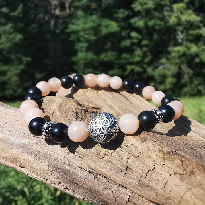 Edelstein Armband LEBENSFREUDE Regenbogenobsidian Sonnenstein Lebensblume S925 6mm