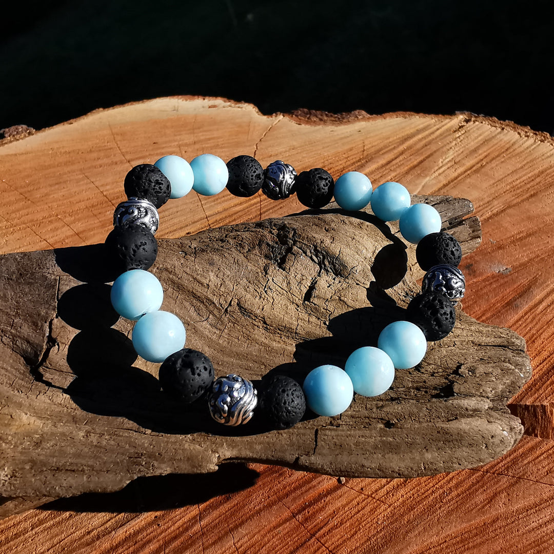 Edelstein Armband SELBSTVERWANDLUNG mit Hemimorphit & Lava S925 Wirbelkugeln 8mm