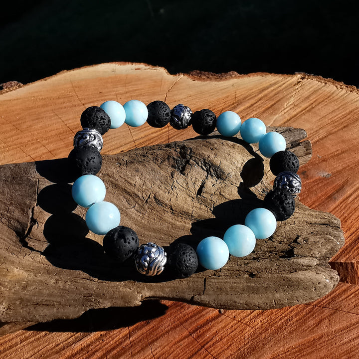 Edelstein Armband SELBSTVERWANDLUNG mit Hemimorphit & Lava S925 Wirbelkugeln 8mm