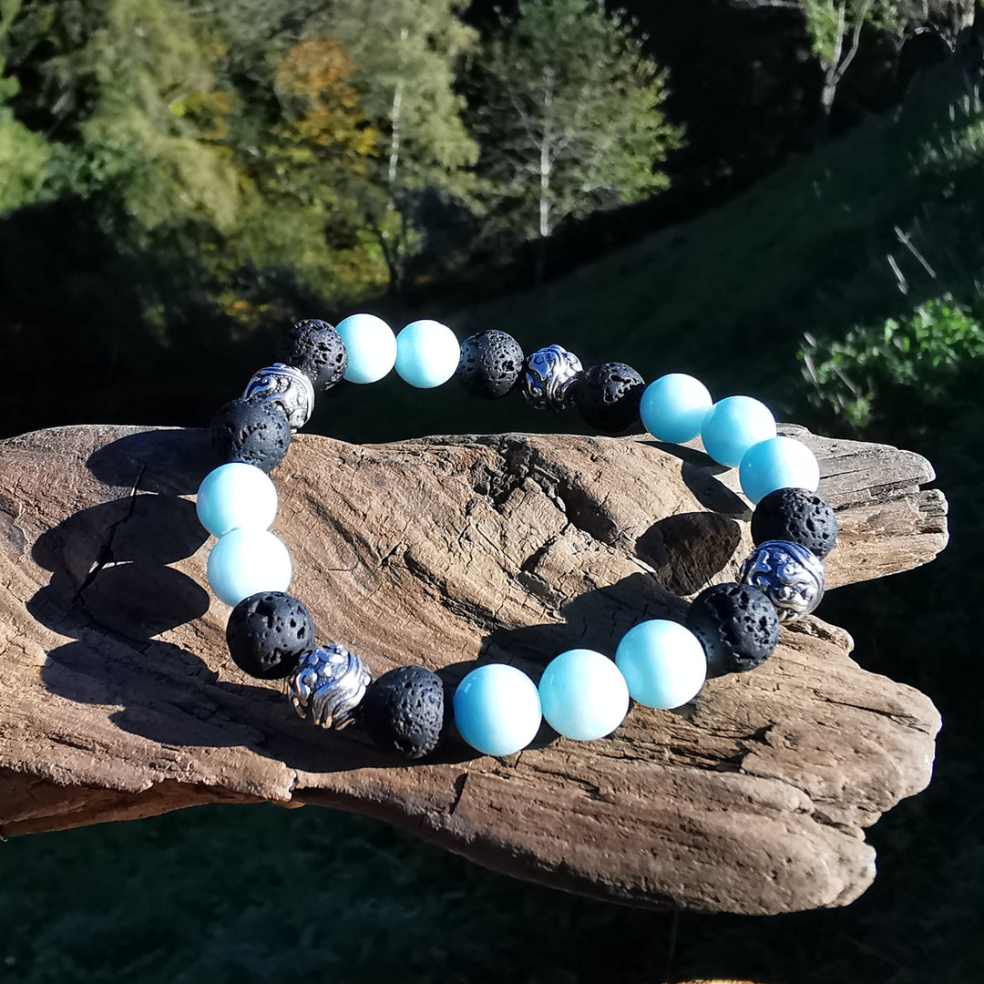 Edelstein Armband SELBSTVERWANDLUNG mit Hemimorphit & Lava S925 Wirbelkugeln 8mm