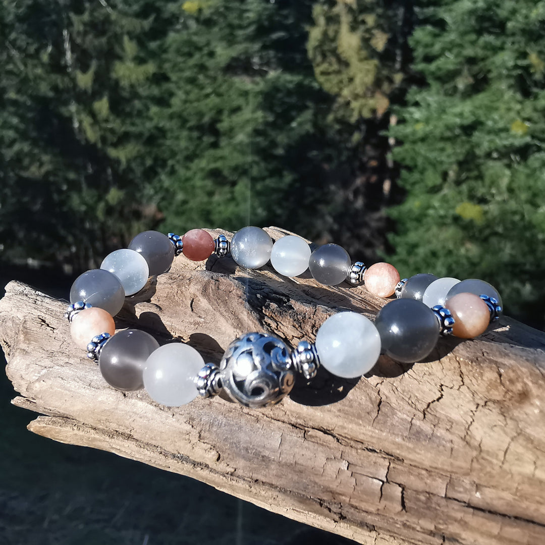 Edelstein Frauen Armband BEWUSST SEIN Mondstein S925 Kugel 6-8mm