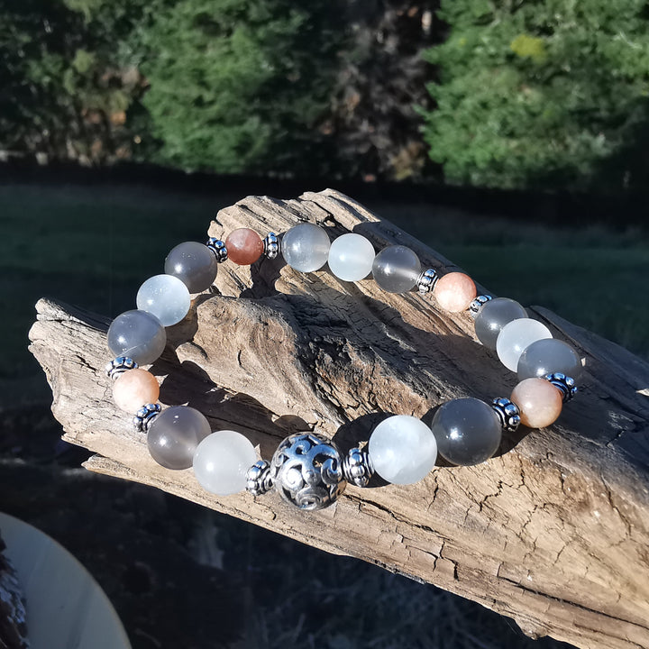 Edelstein Frauen Armband BEWUSST SEIN Mondstein S925 Kugel 6-8mm