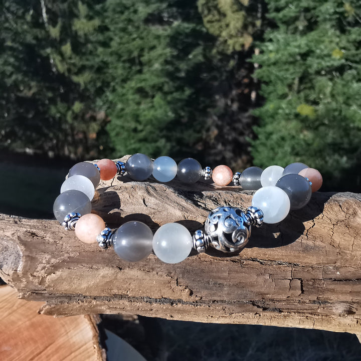 Edelstein Frauen Armband BEWUSST SEIN Mondstein S925 Kugel 6-8mm