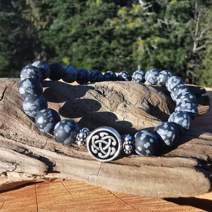 Edelstein Herren Armband INTEGRITÄT Schneeflocken Obsidian S925 keltischer Flechtknoten 8mm
