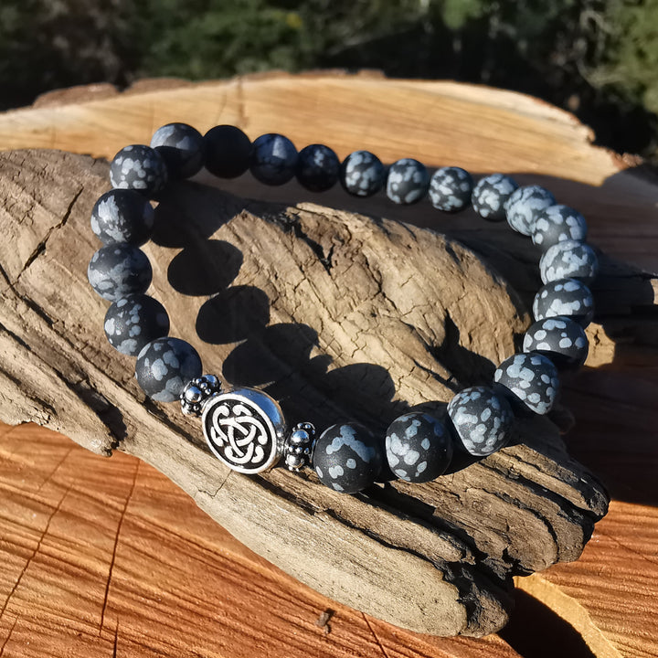 Edelstein Herren Armband INTEGRITÄT Schneeflocken Obsidian S925 keltischer Flechtknoten 8mm