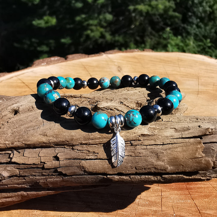Edelstein Armband SCHUTZ & SEELENFRIEDEN Arizona Tükis Schwarzer Tumalin Feder Charm 6mm