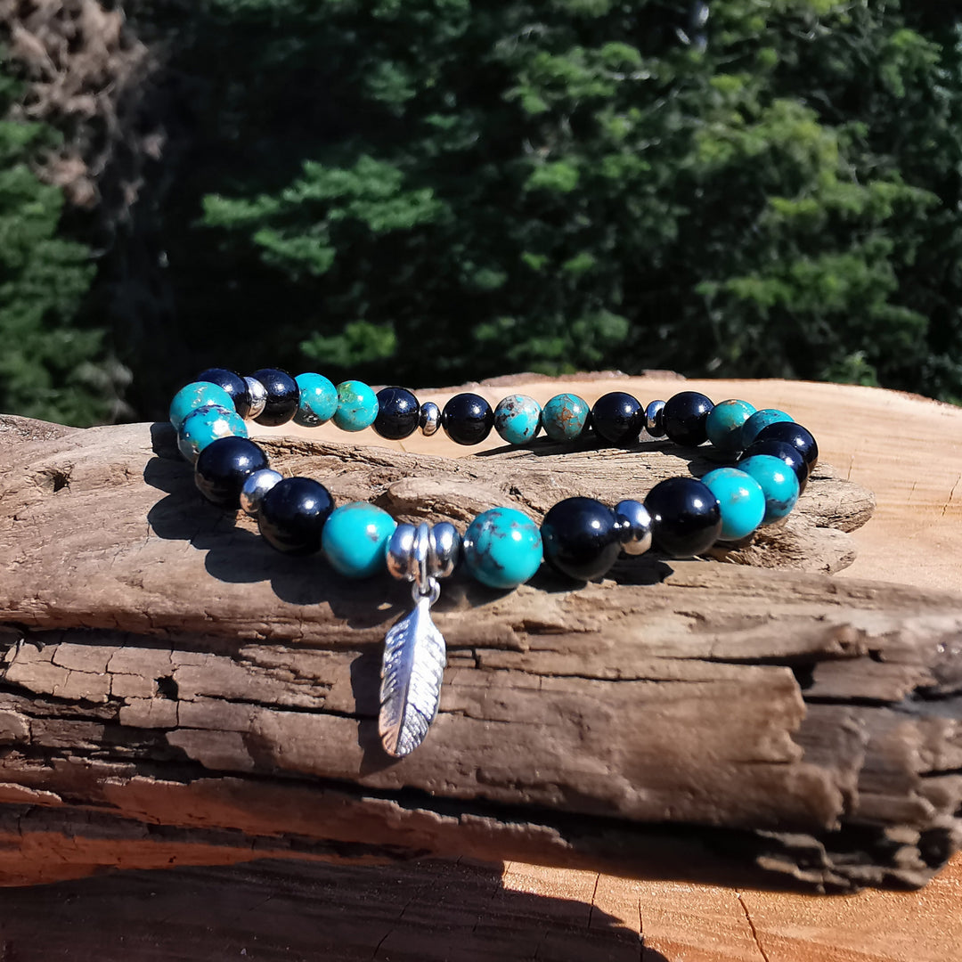 Edelstein Armband SCHUTZ & SEELENFRIEDEN Arizona Tükis Schwarzer Tumalin Feder Charm 6mm