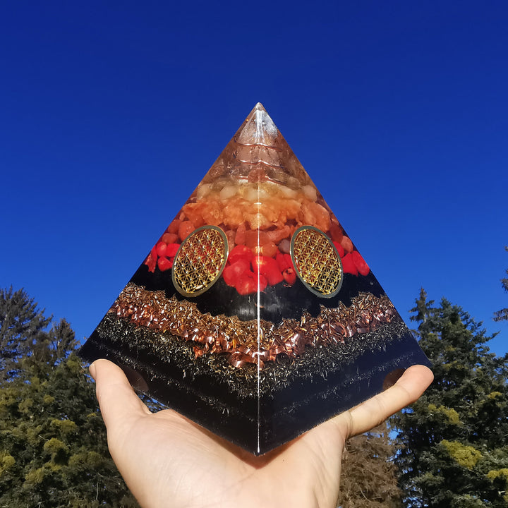 Orgone Pyramide HOFFNUNG & KRAFT Citrin Orangen-& Feuercalcit Karneol Rote Koralle →14.5cm ↑14.5cm