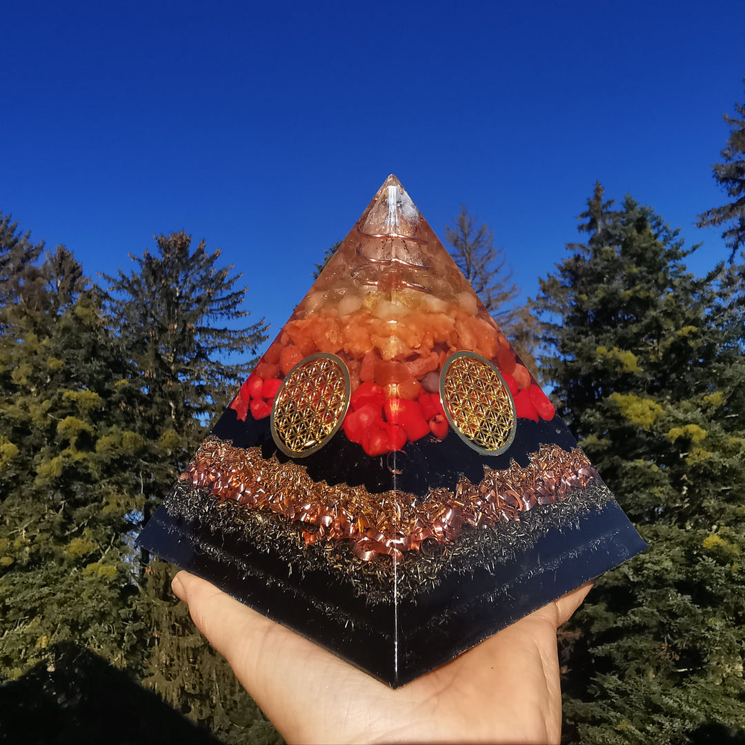 Orgone Pyramide HOFFNUNG & KRAFT Citrin Orangen-& Feuercalcit Karneol Rote Koralle →14.5cm ↑14.5cm