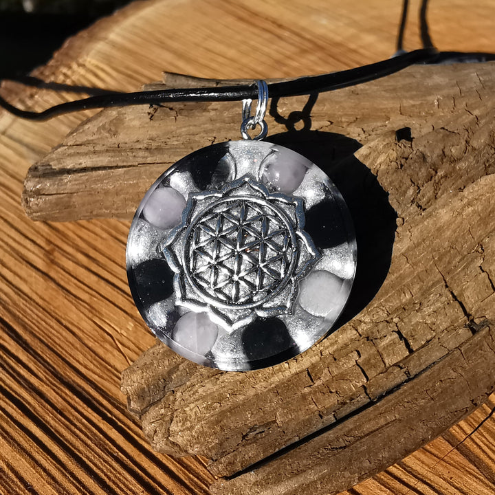 Orgone Anhänger AURA SCHUTZ Kunzit Schwarzer Turmalin Lebensblume S925 Spaltring ⌀3cm ↑1cm