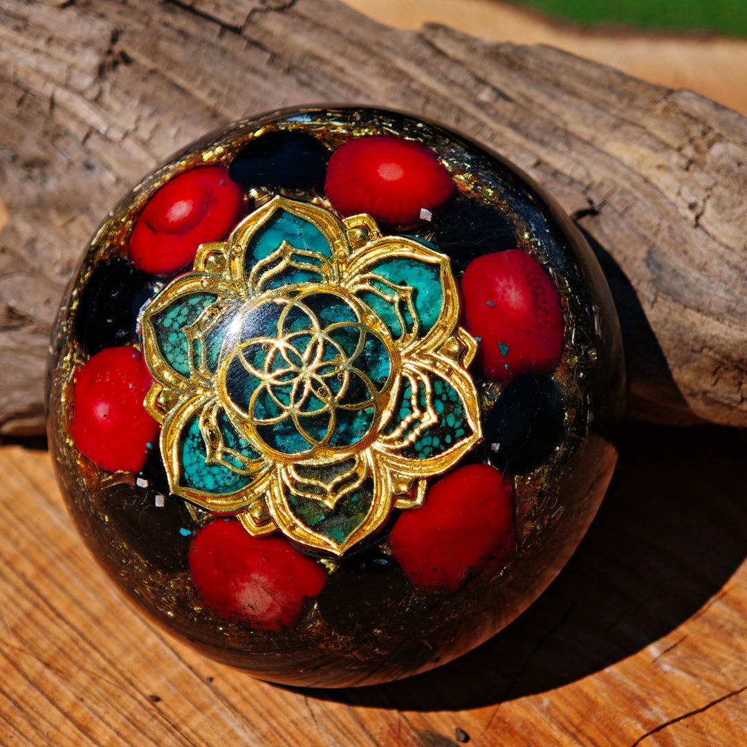 Hemisphäre SCHUTZ "Indian Style" UNIKATE mit TÜRKIS ROTER KORALLE TURMALIN 7cm