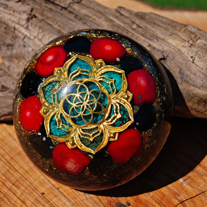 Hemisphäre SCHUTZ "Indian Style" UNIKATE mit TÜRKIS ROTER KORALLE TURMALIN 7cm