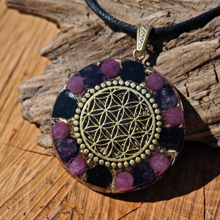 Orgone Anhänger LICHTFUNKE Rubin Granat Schwarzer Turmalin Edelschungit Lebensblume S925 Schlaufe ⌀4cm ↑1cm (Kopie)