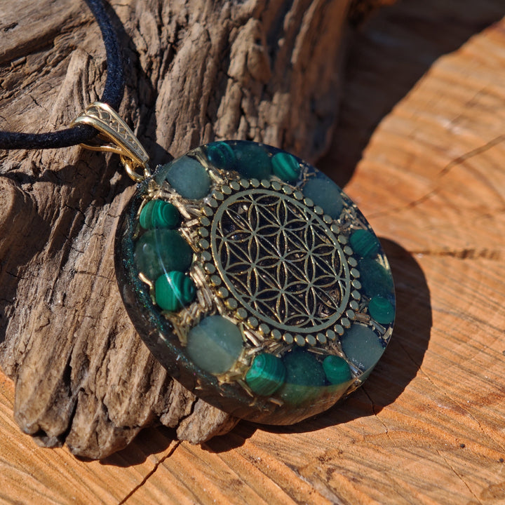 Orgone Anhänger NEUBEGINN Malachit Smaragd Aventurin Edelschungit Lebensblume S925 Schlaufe ⌀4cm ↑1cm