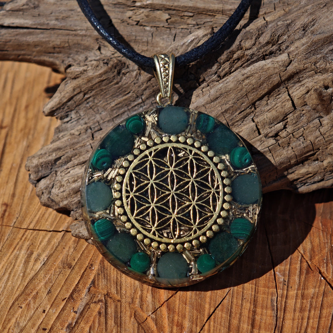 Orgone Anhänger NEUBEGINN Malachit Smaragd Aventurin Edelschungit Lebensblume S925 Schlaufe ⌀4cm ↑1cm