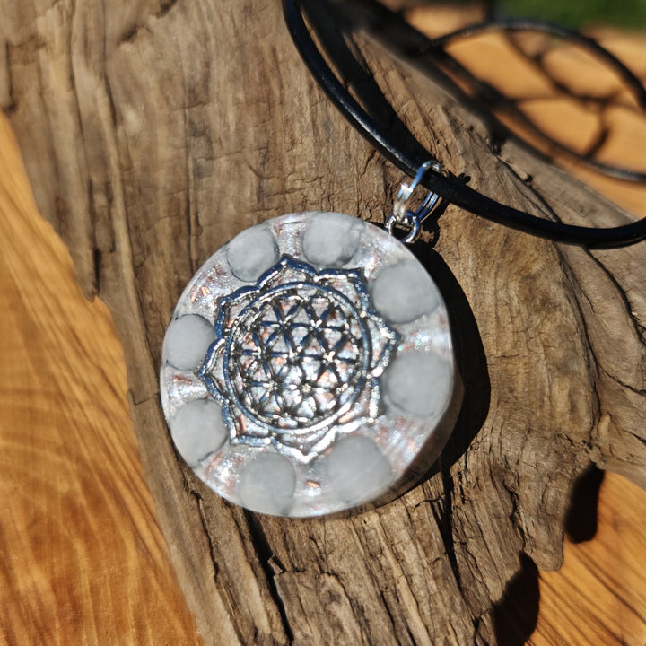 Orgone Anhänger BEFREIUNG Baryt Edelschungit Lebensblume S925 Spaltring ⌀3cm ↑1cm