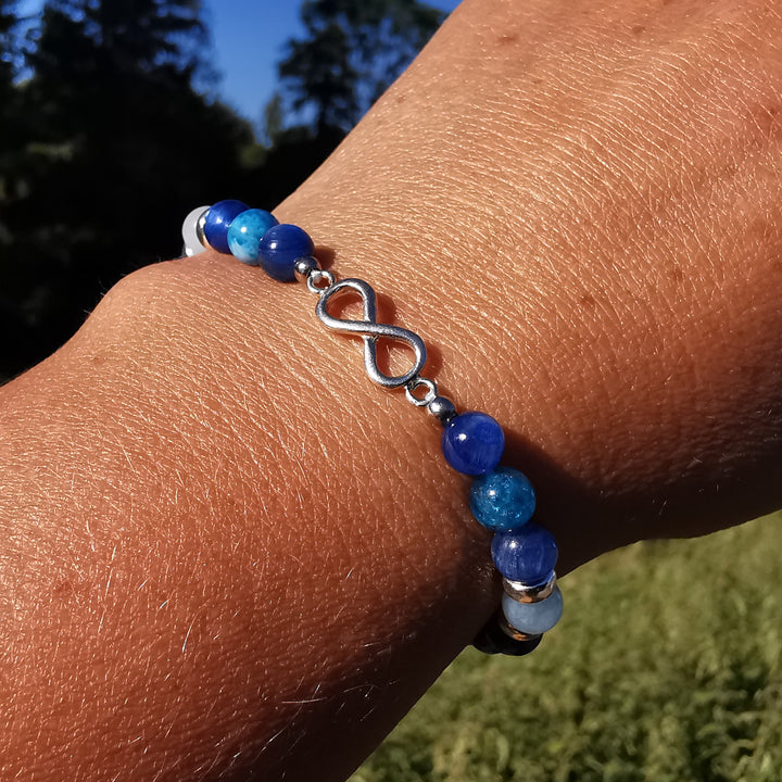 Edelstein Armband STÄRKE & VERTRAUEN Kyanit Aquamarin Apatit Infinity S925 6mm