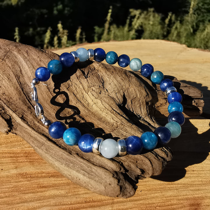 Edelstein Armband STÄRKE & VERTRAUEN Kyanit Aquamarin Apatit Infinity S925 6mm