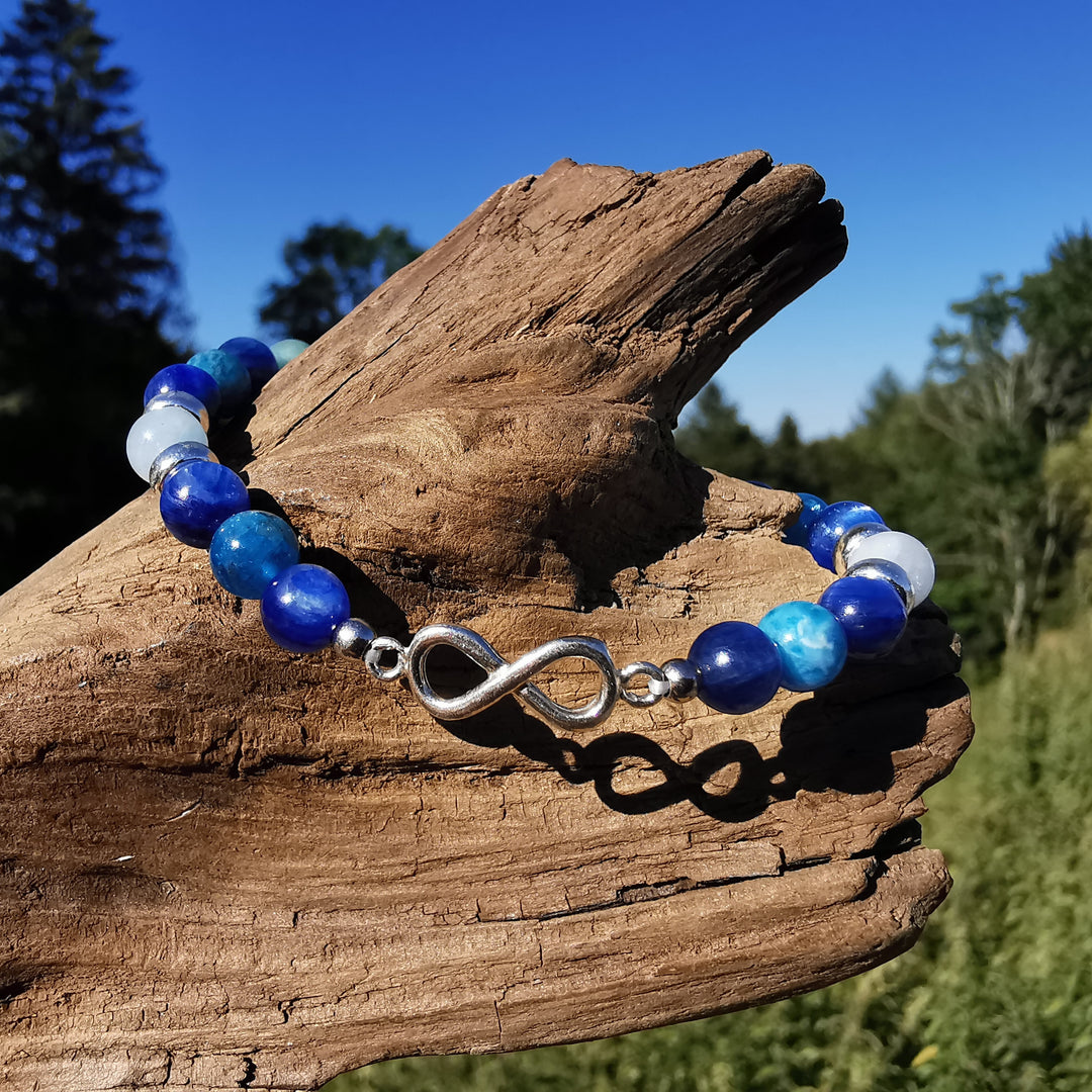 Edelstein Armband STÄRKE & VERTRAUEN Kyanit Aquamarin Apatit Infinity S925 6mm