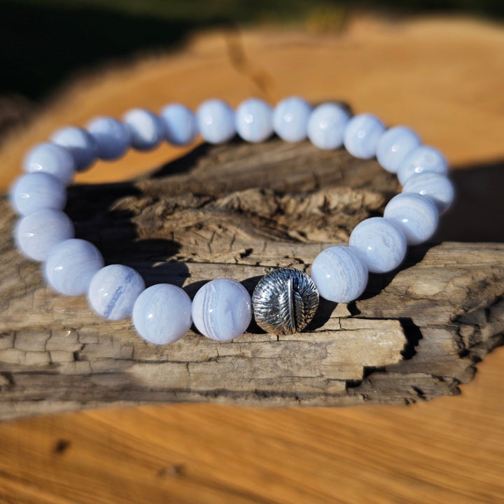 Edelstein Armband LEICHTIGKEIT Chalcedon blau Feder S925 8mm