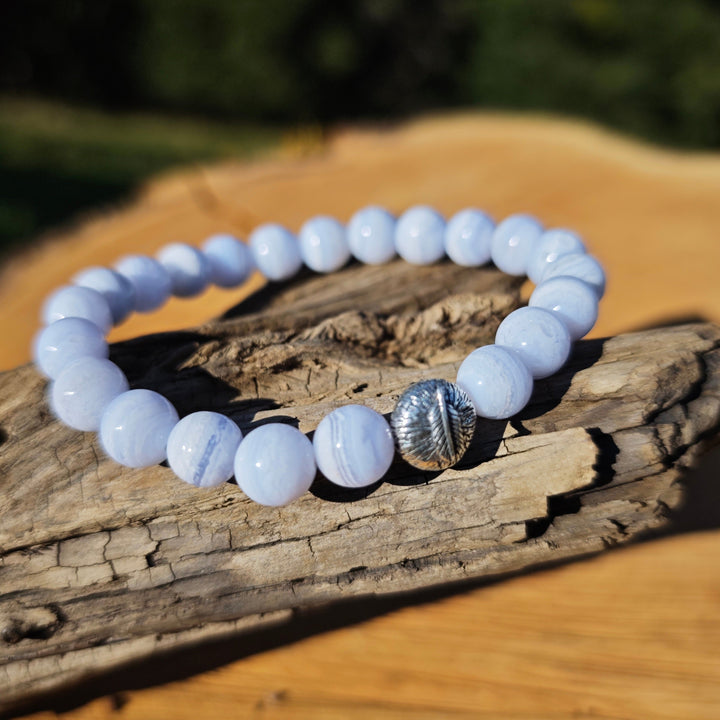 Edelstein Armband LEICHTIGKEIT Chalcedon blau Feder S925 8mm