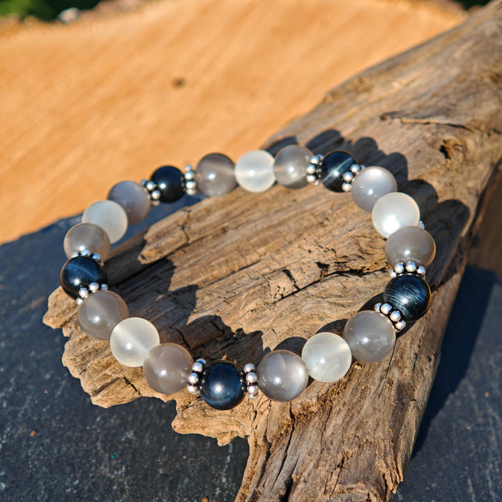 Edelstein Armband BEWUSST SEIN & WEITBLICK Mondstein Falkenauge S925 8mm