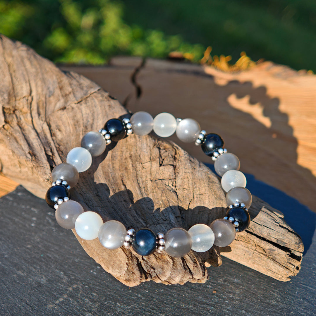 Edelstein Armband BEWUSST SEIN & WEITBLICK Mondstein Falkenauge S925 8mm