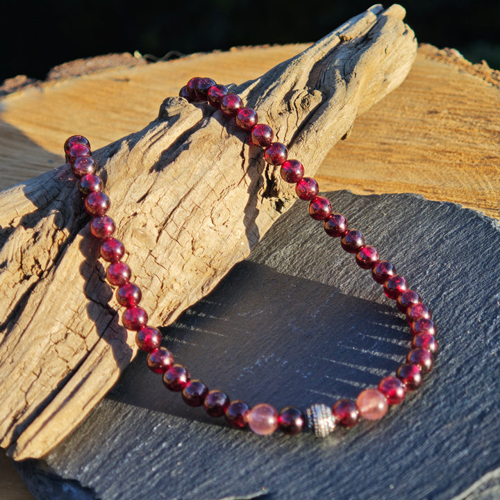 Edelsteinkette WIDERSTANDS- & LICHTKRAFT Granat Erdbeerquarz 6mm Kugel S925
