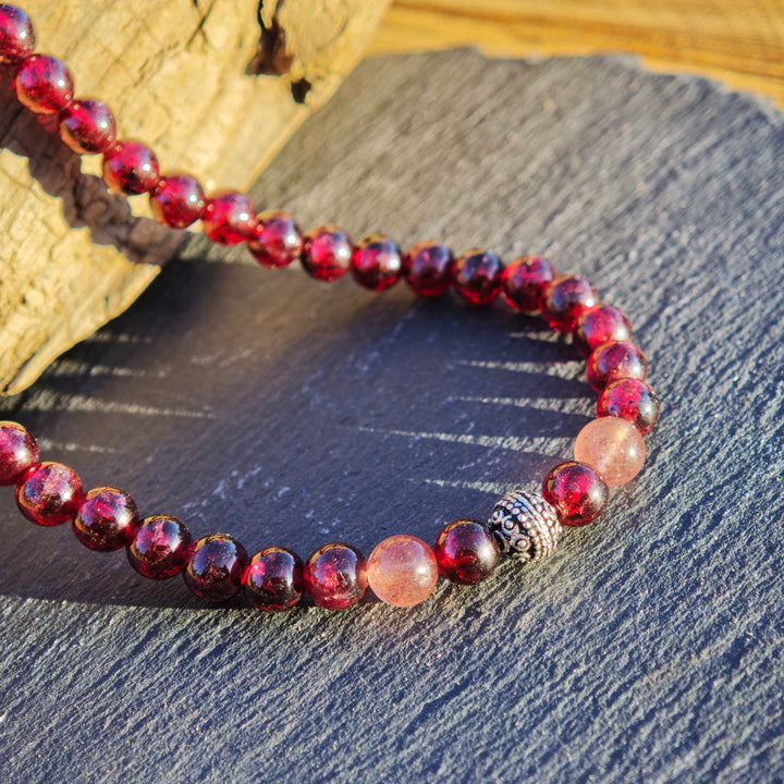 Edelsteinkette WIDERSTANDS- & LICHTKRAFT Granat Erdbeerquarz 6mm Kugel S925