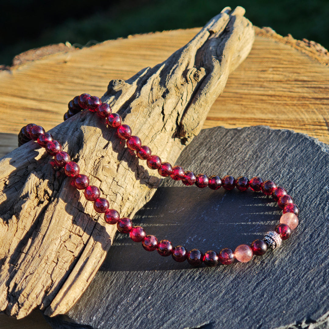 Edelsteinkette WIDERSTANDS- & LICHTKRAFT Granat Erdbeerquarz 6mm Kugel S925