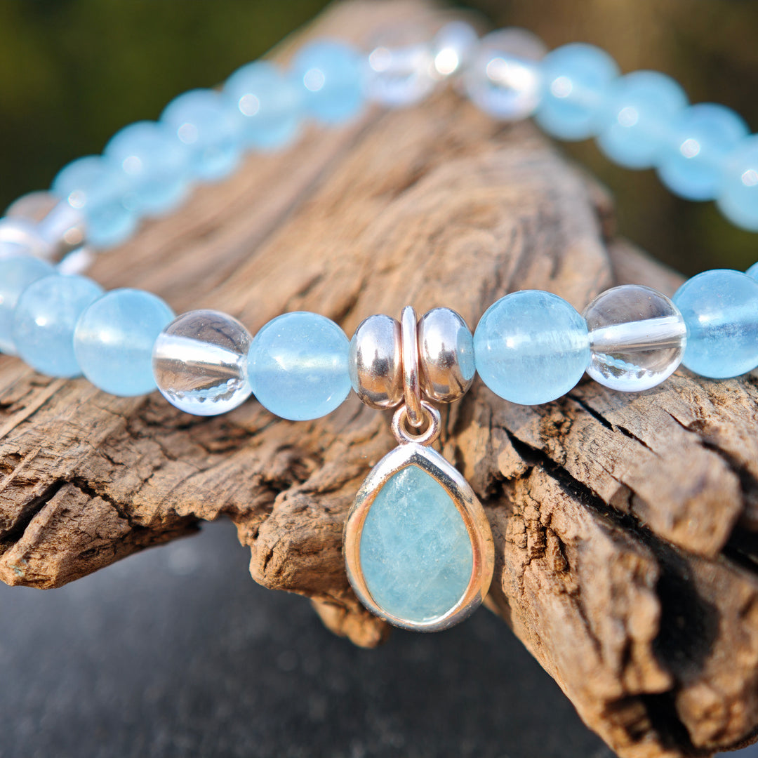 Edelstein Armband URVERTRAUEN & KLARHEIT Aquamarin Bergkristall Tropfen S925 6mm