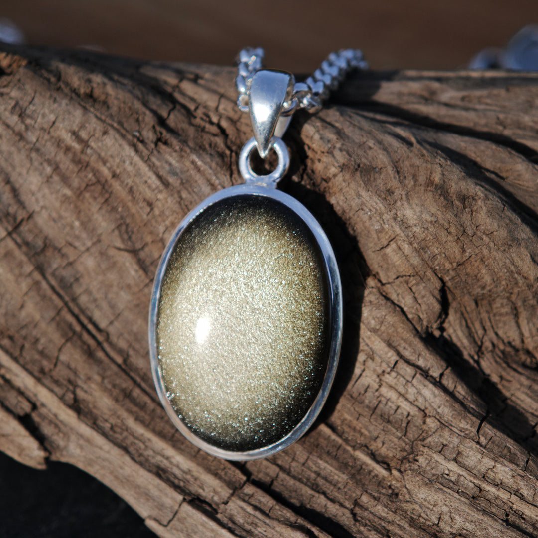 Goldschimmer Obsidian oval Anhänger gefasst in Silber 925