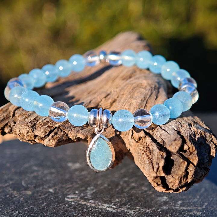 Edelstein Armband URVERTRAUEN & KLARHEIT Aquamarin Bergkristall Tropfen S925 6mm