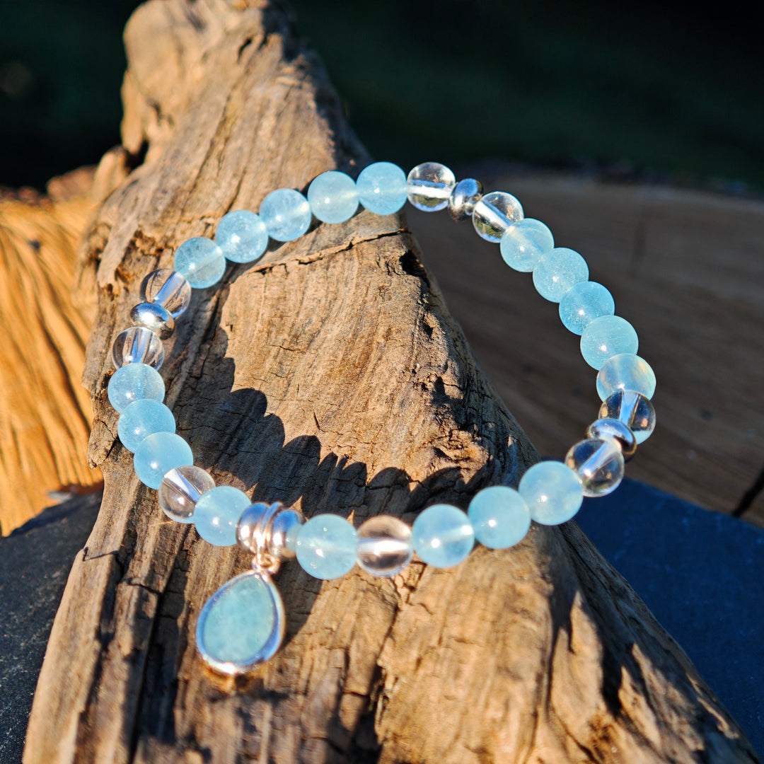 Edelstein Armband URVERTRAUEN & KLARHEIT Aquamarin Bergkristall Tropfen S925 6mm