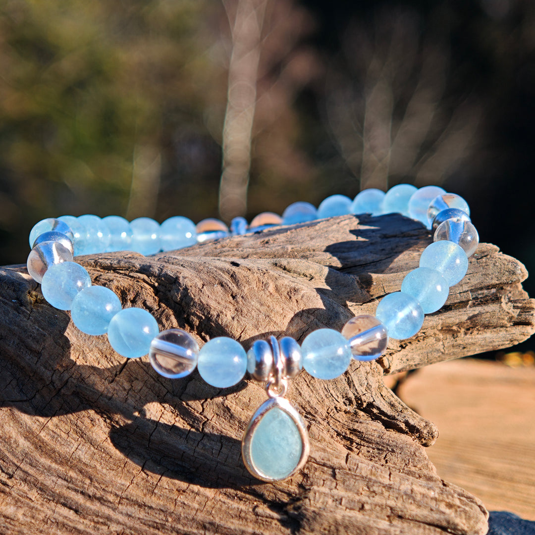 Edelstein Armband URVERTRAUEN & KLARHEIT Aquamarin Bergkristall Tropfen S925 6mm
