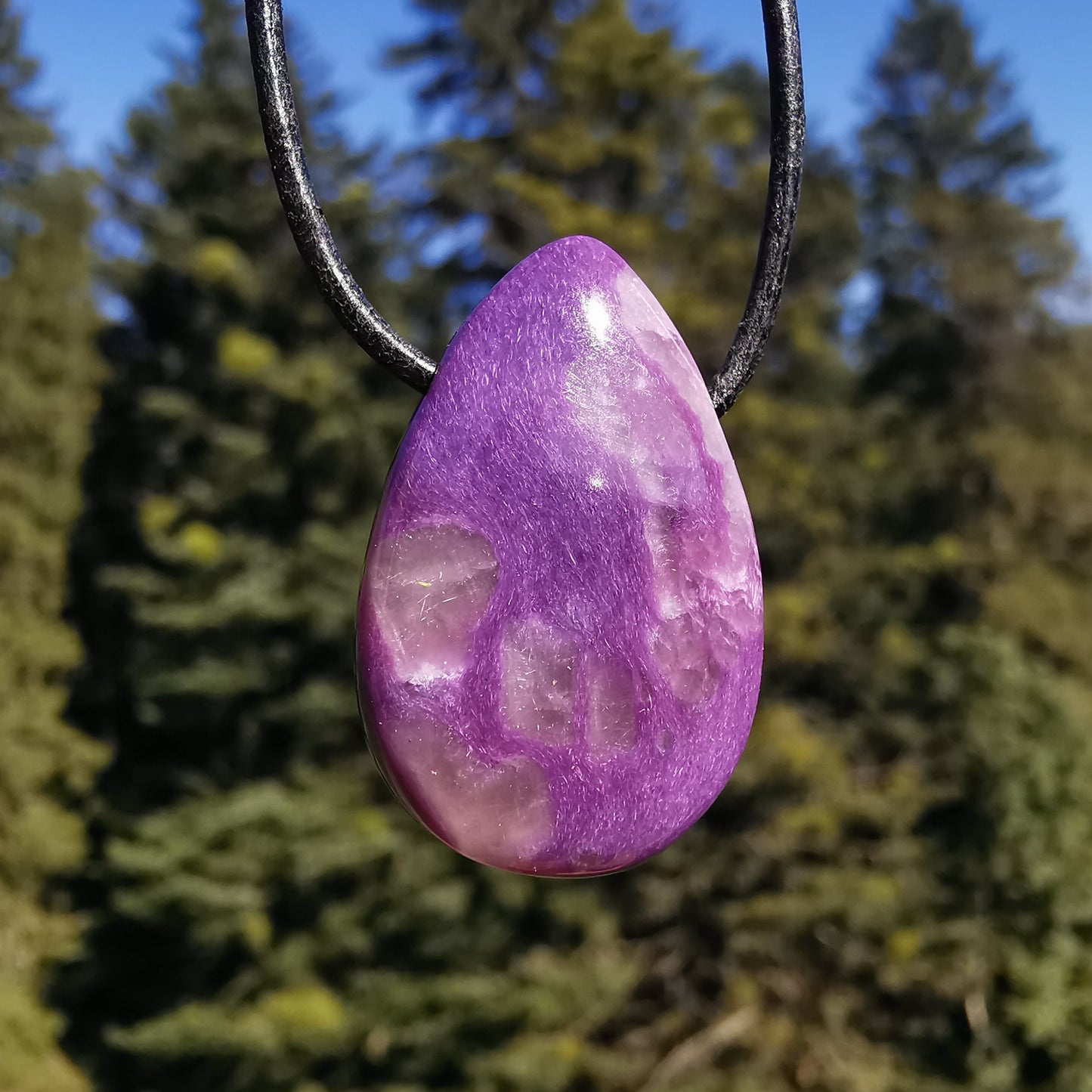 Charoite pendant Cabachon drilled with leather cord in different shapes