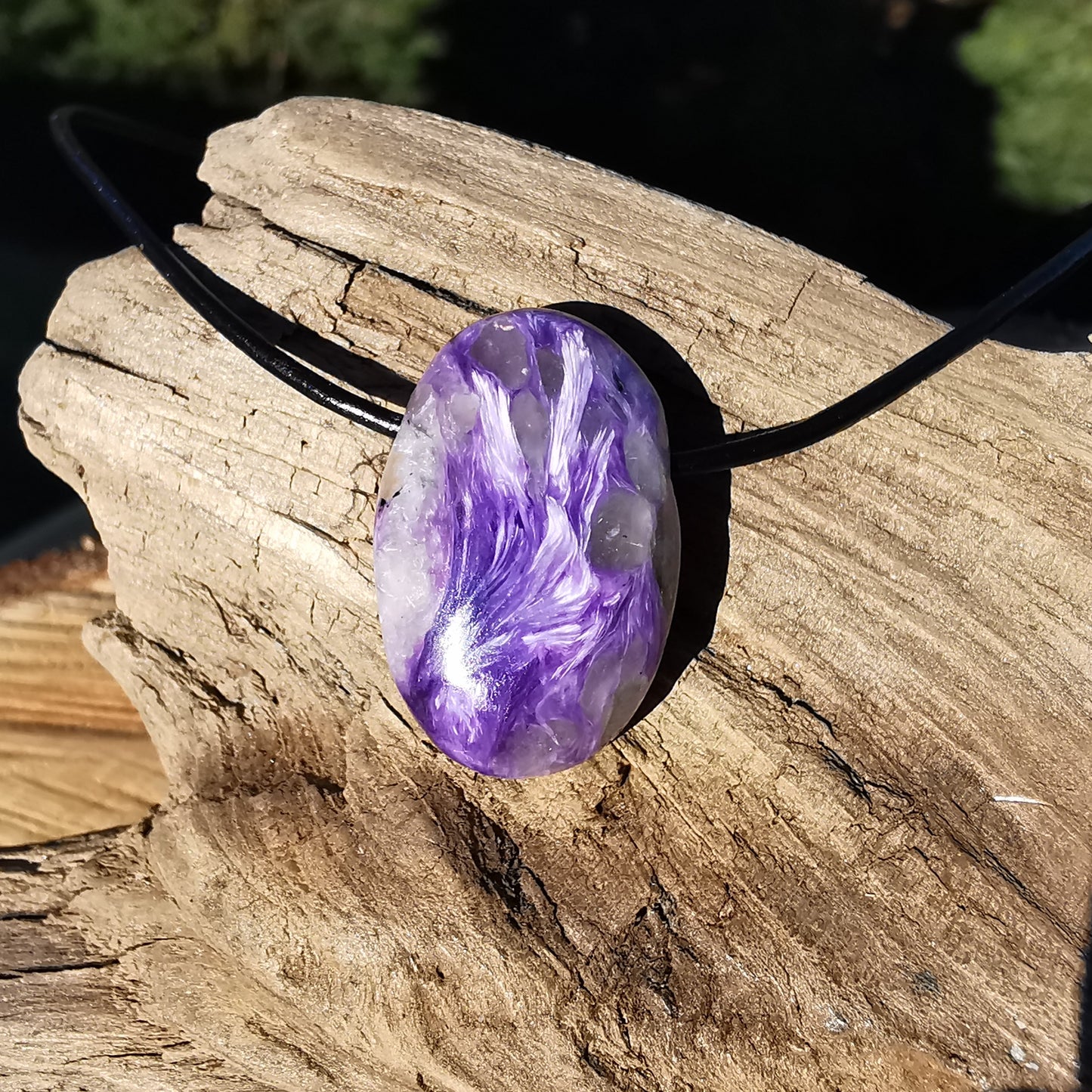 Charoite pendant Cabachon drilled with leather cord in different shapes